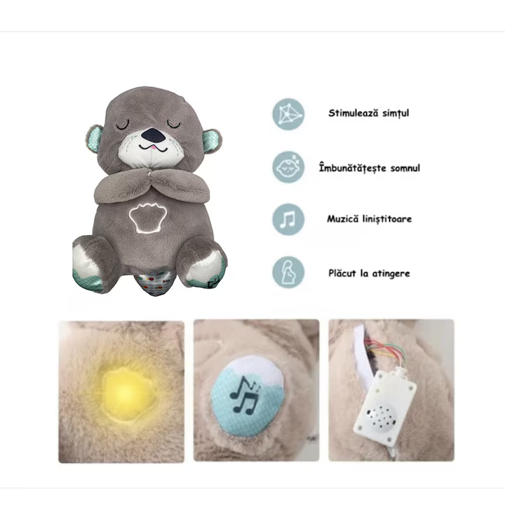Ursulet de plus interactiv cu efecte de lumina si muzica, functie de respiratie, jucarie pentru copii pentru copii, crema, functie de imbunatatire a somnului playmate diferite culori 25 cm